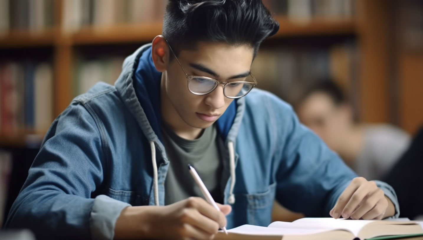 The man, wearing glasses, is writing in a book while exploring individualized learning solutions for children with ADHD.