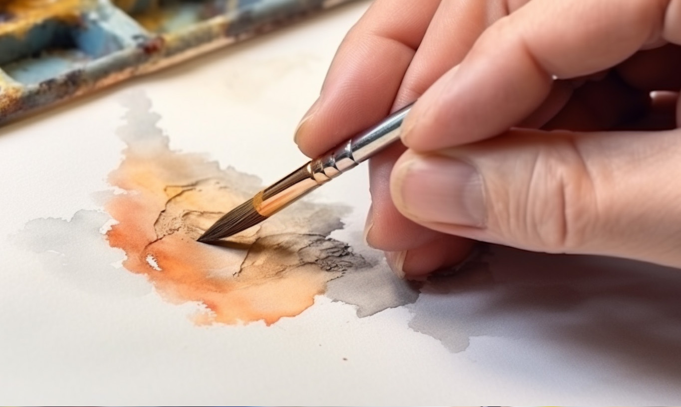 A hand holding a paintbrush applying watercolor paint to paper with a palette in the background, demonstrating fine motor skills that are essential for developing executive functioning skills.