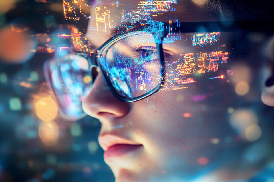Close-up of a person wearing glasses with reflections of computer code and digital data on the lenses, suggesting deep focus on programming or personalized digital work, possibly aiding in individualized learning for those with executive function challenges.