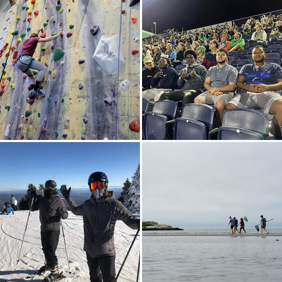 Collage of four images: a person climbing a rock wall, a crowd sitting in a stadium, two people skiing, and three people walking on a beach.