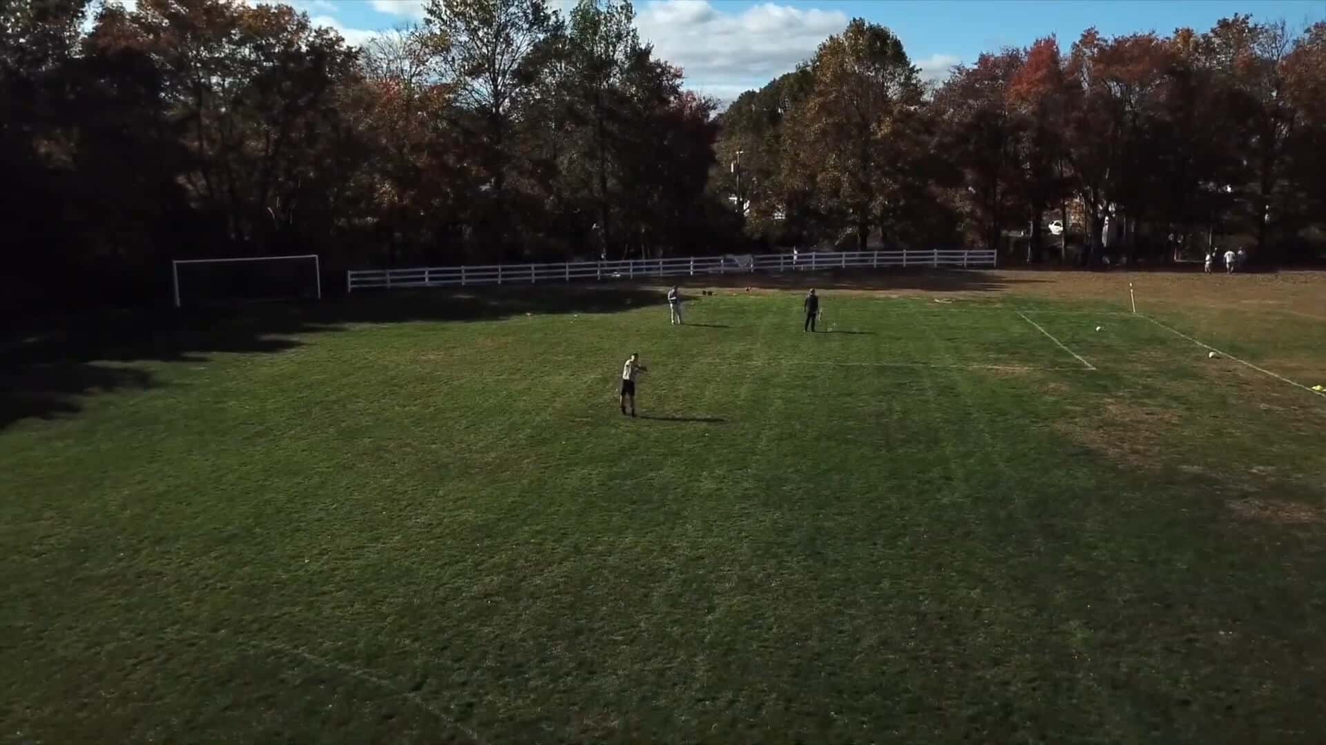 Four people are spaced out on a large grassy soccer field bordered by trees and a white fence, with one goal visible on the left side, enjoying a classic summer experience.