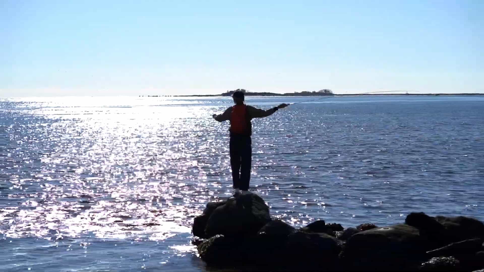 Person standing on rocks at the edge of a body of water with arms outstretched, soaking in the Summer Experience under a clear, sunny sky.