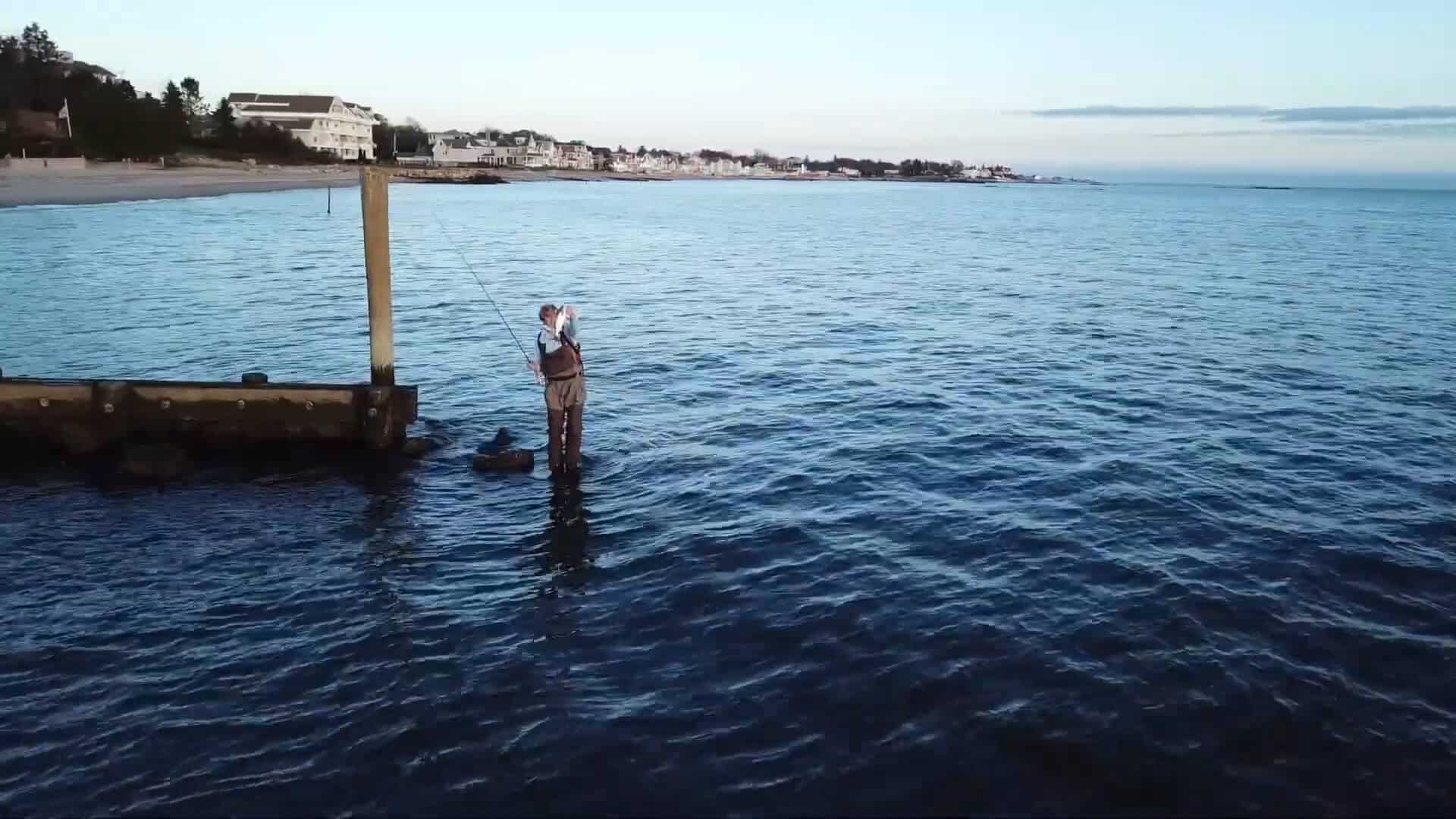 A person enjoys a classic summer experience, standing in shallow water near a wooden pier, fishing with a rod; buildings and shoreline are visible in the background under a clear sky.