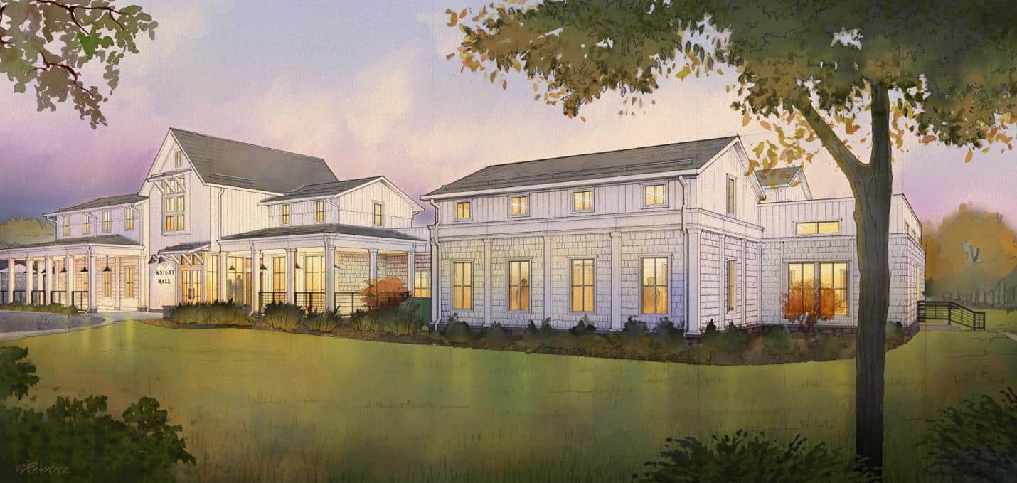 Illustration of a large, modern farmhouse-style building with white siding, many windows, and a landscaped lawn at sunset. Trees and soft outdoor lighting are visible.