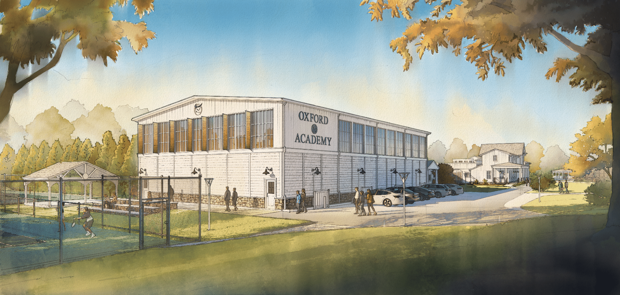 A two-story building labeled “Oxford Academy” with large windows, surrounded by trees, people walking, parked cars, a gazebo, tennis court, and a house in the background under a clear sky.