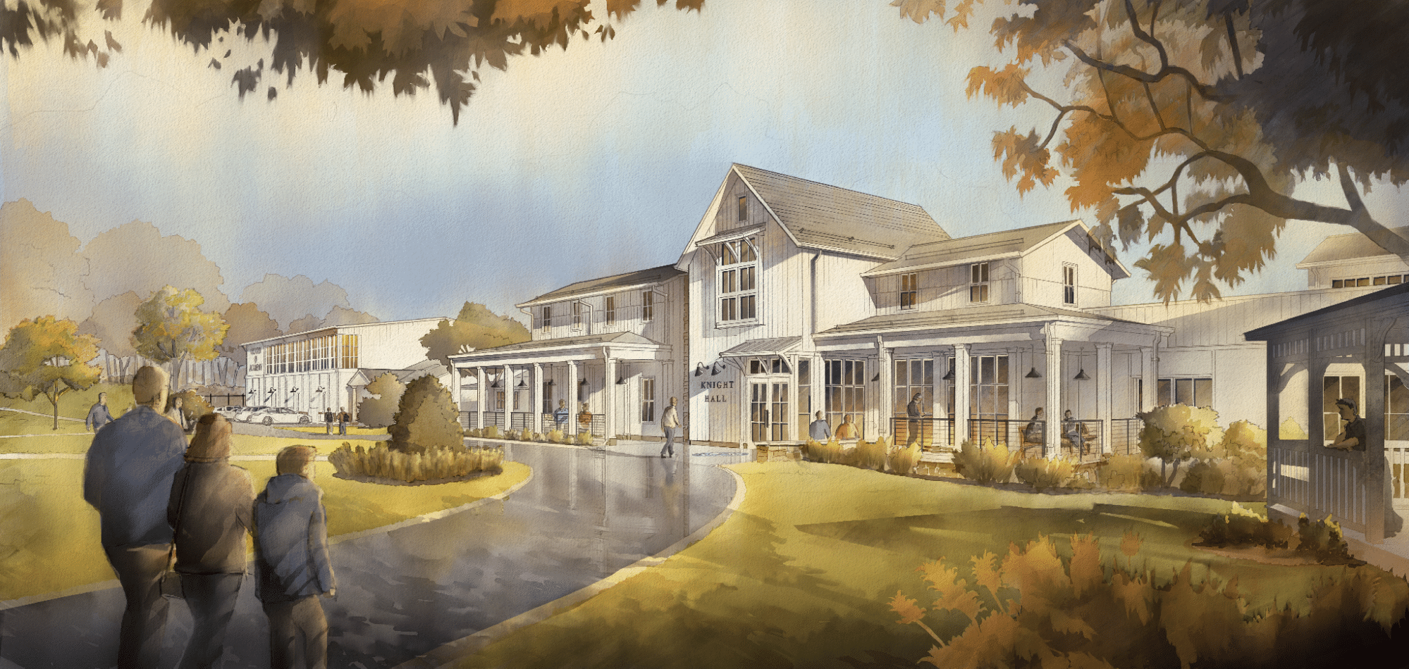 Watercolor illustration of people walking toward a large, two-story building with a porch, surrounded by trees and autumn foliage.